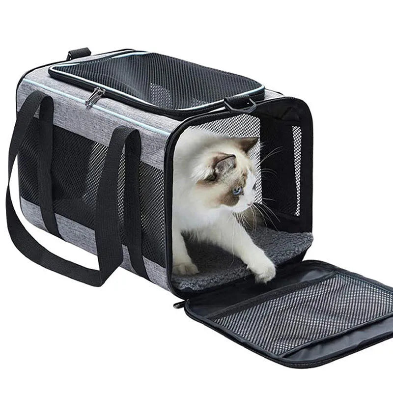Oxford fabric pet carrier bag for dogs and cats in grey or black with blue edge options