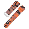 Camouflage TPU watchband with silver buckle, showing strap length and colour options