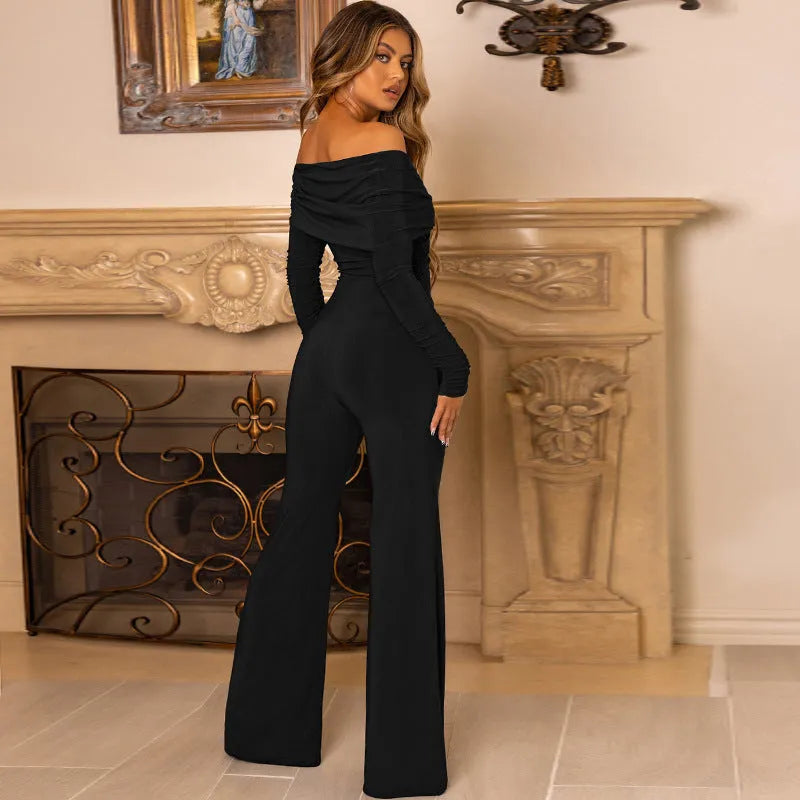 Women's black long sleeve V-neck chest cross jumpsuit with mid waist and tight trousers, sizes S M L