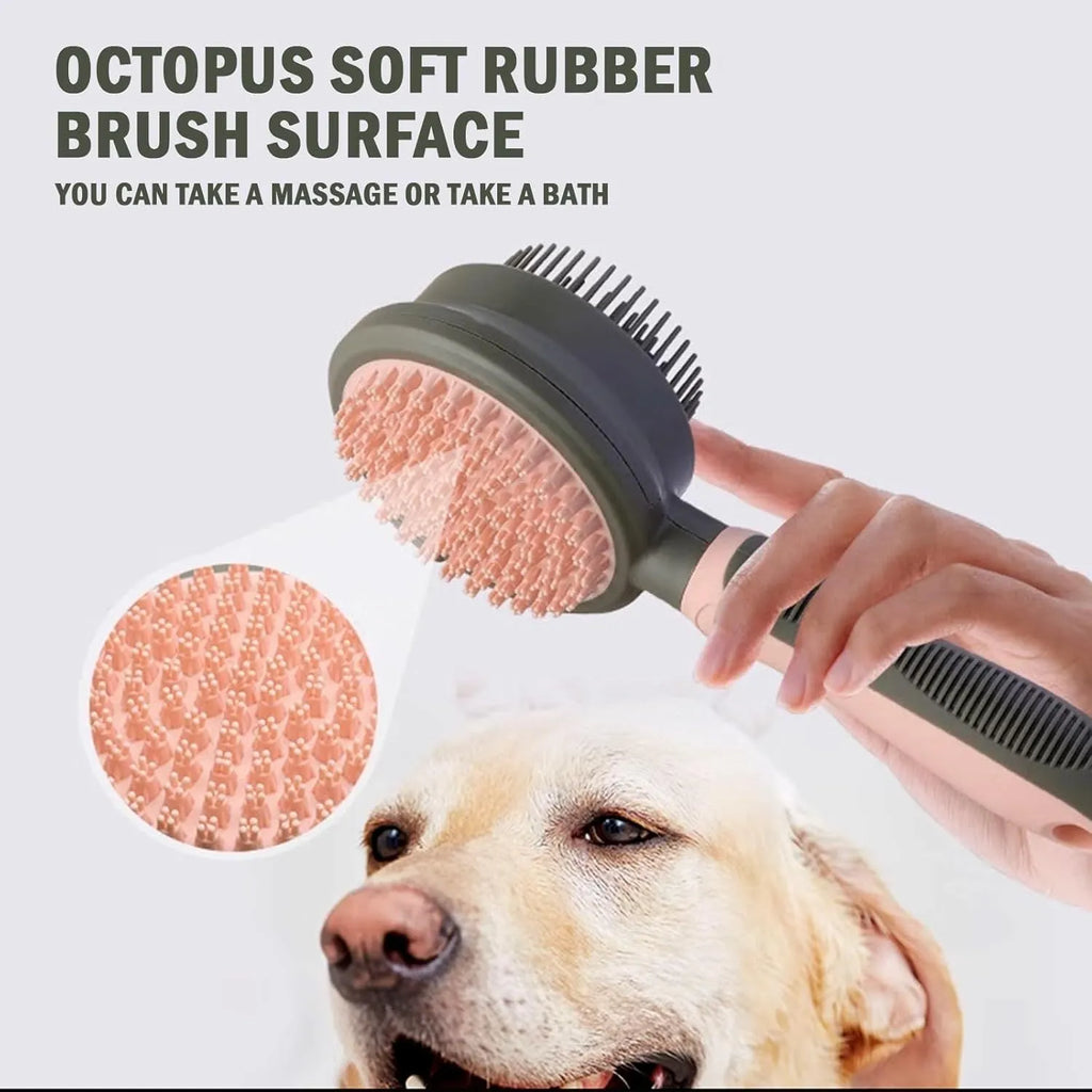 Pink double-sided cat grooming brush with release button and separate flea comb on white background
