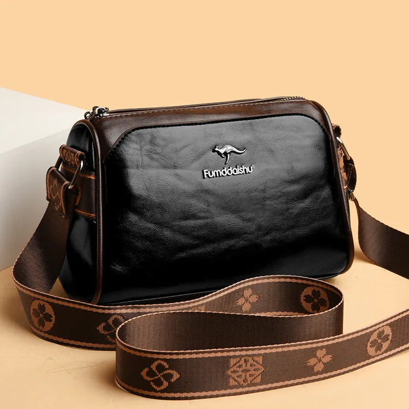 Oil wax leather women's crossbody bag with double-sided design and sandwich pocket in beige