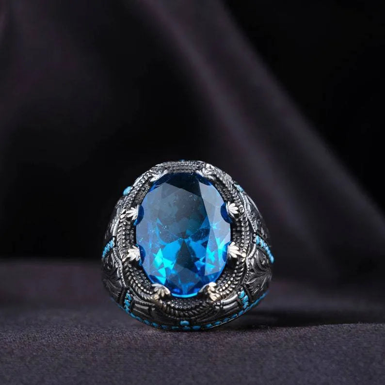Geometric antique silver couple ring with blue zircon decoration