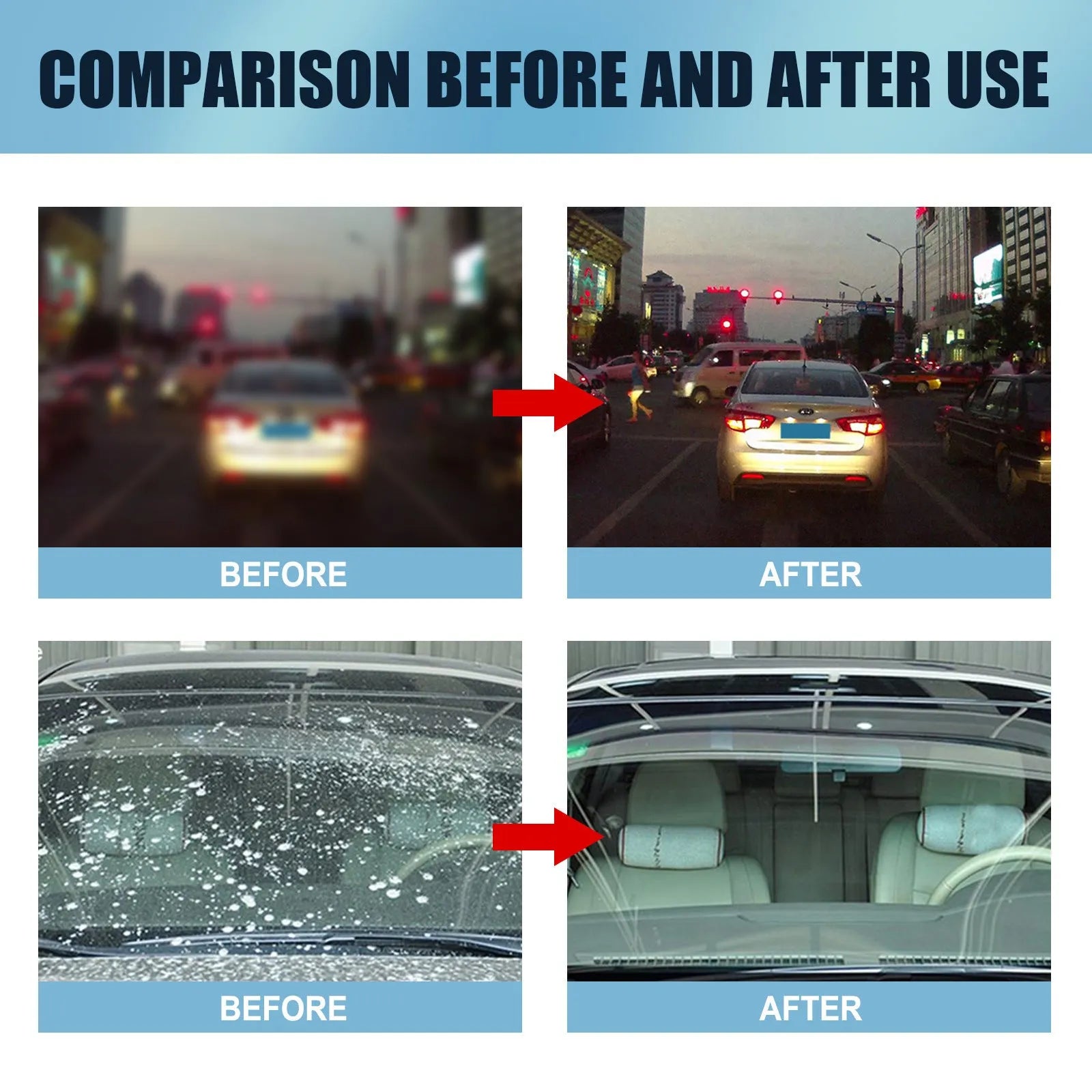 Blue car glass oil film remover pot and soft sponge applicator for cleaning windshields and windows.