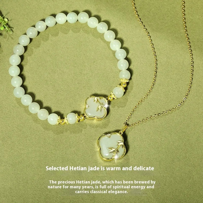 Hetian jade bracelet and necklace set with bamboo newspaper design and carved leaf shapes