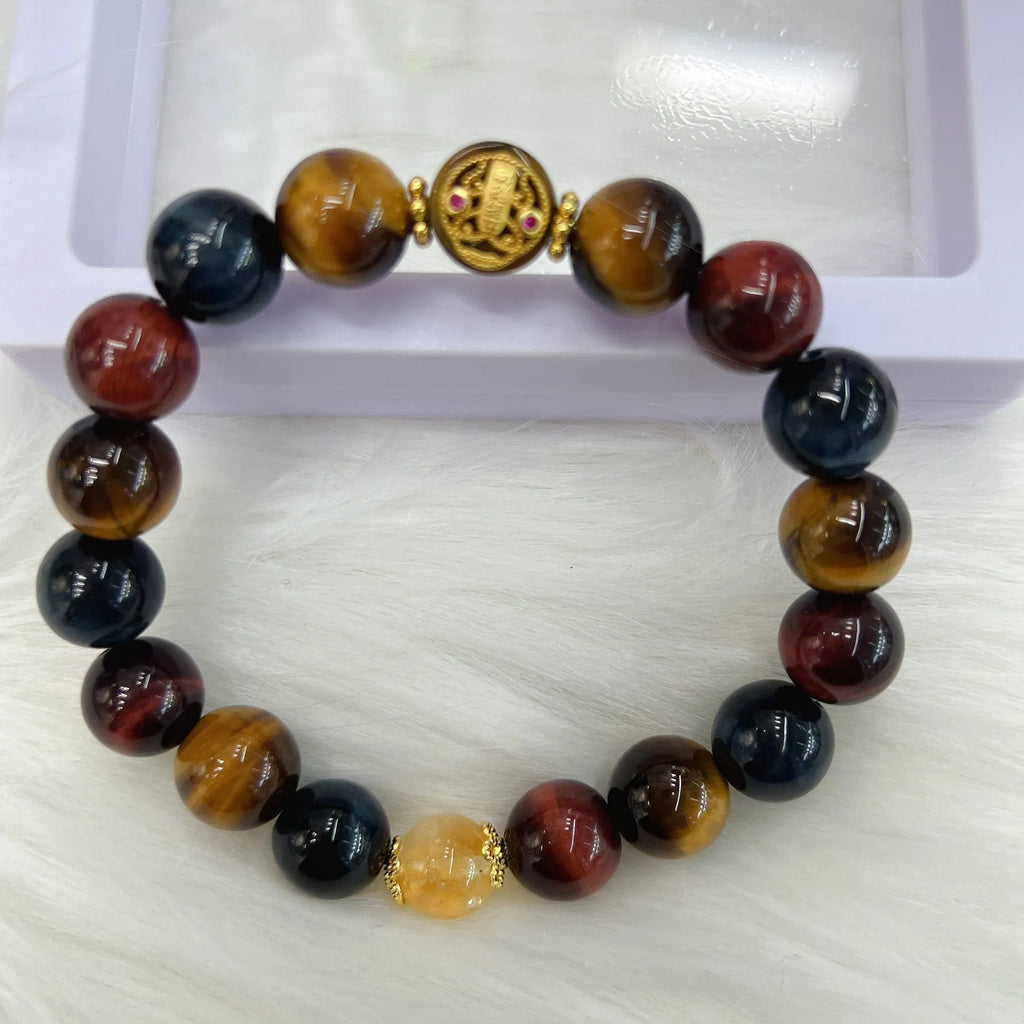 Natural tiger eye stone bracelet with Maillard chain and round beads measuring 18cm