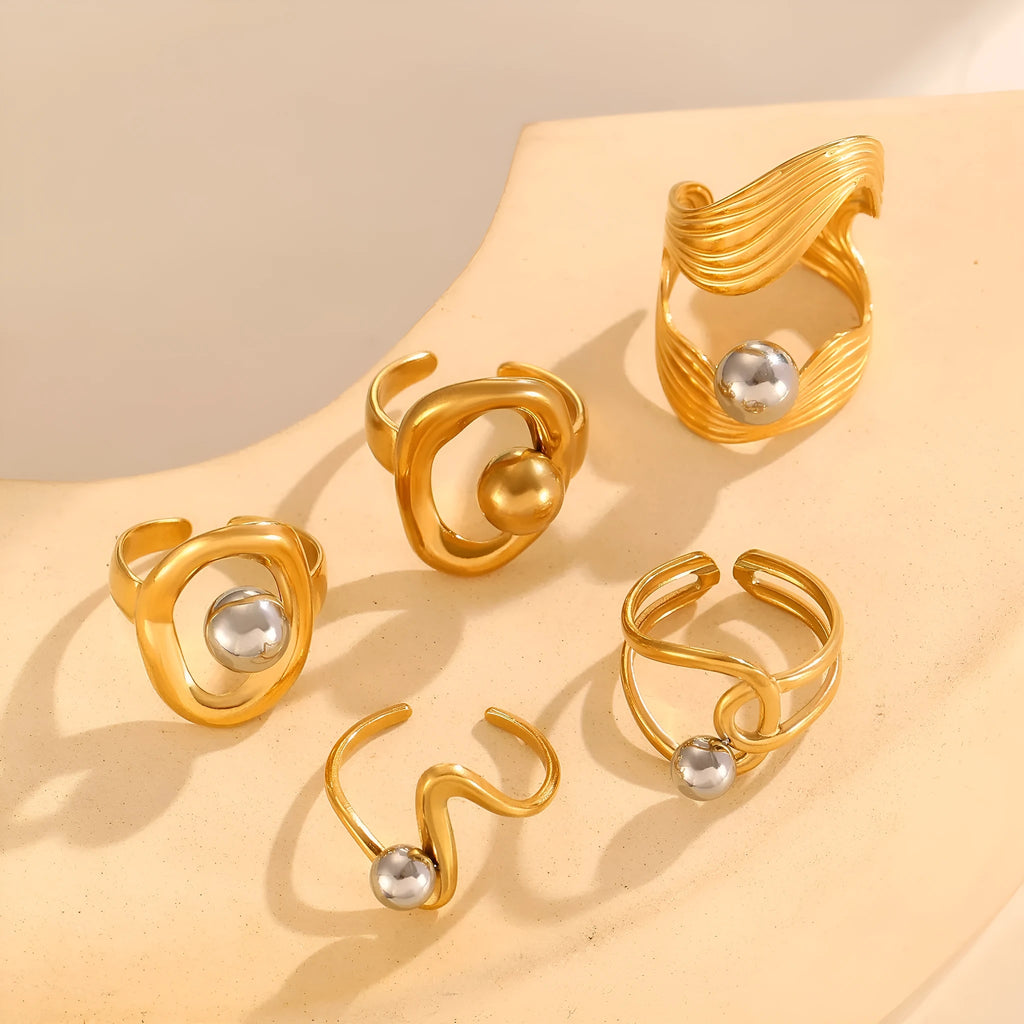 Stainless steel geometric open ring with 18K real gold finish and hollow line detail