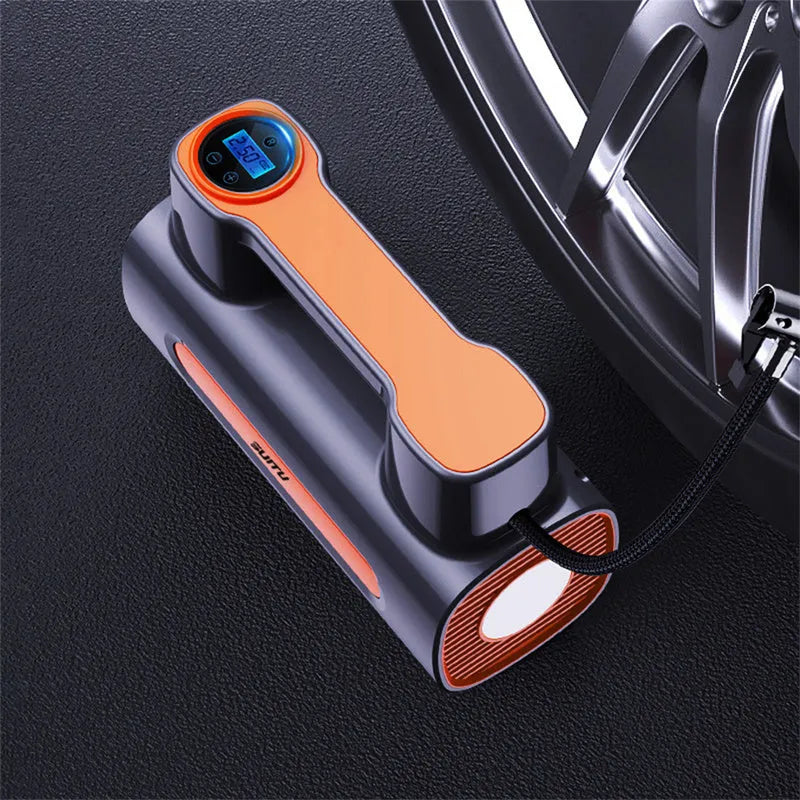 Cordless portable tyre inflator with digital display showing pressure reading
