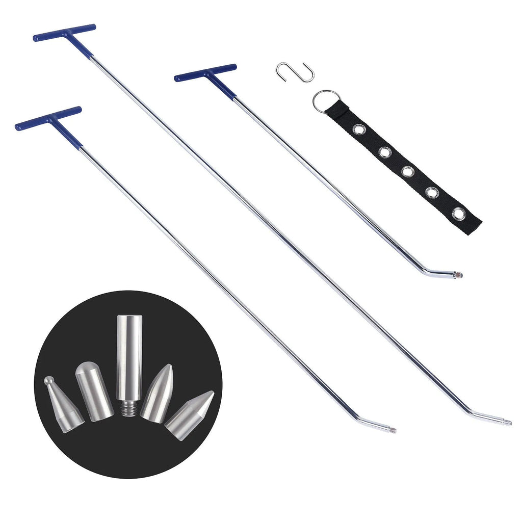 Three alloy steel car dent repair tools: hooks and a crowbar for vehicle panel restoration.