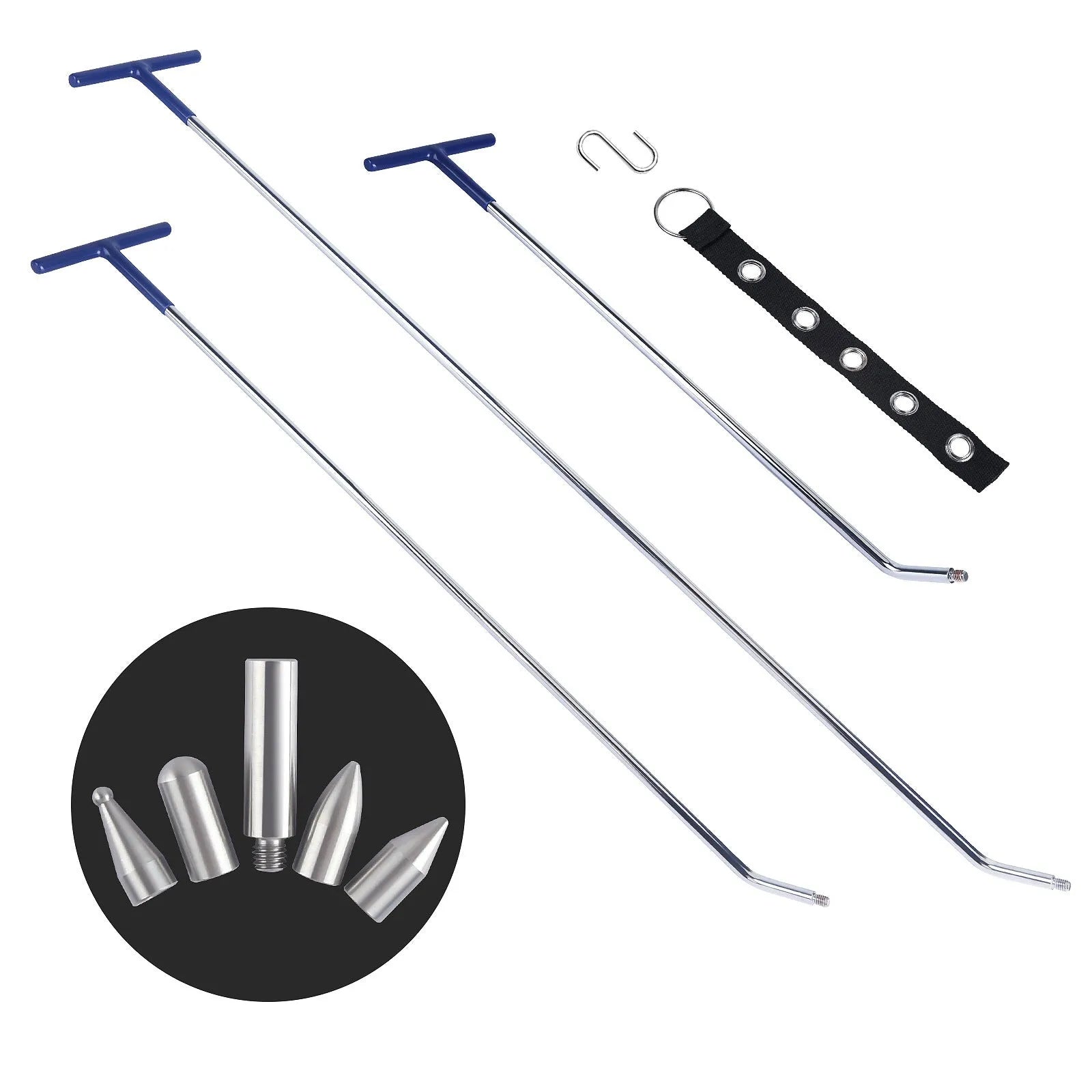 Three alloy steel car dent repair tools: hooks and a crowbar for vehicle panel restoration.