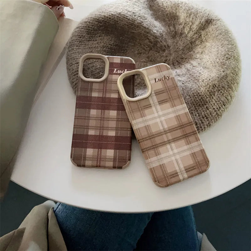 Silicone anti-fall phone case with embossed light coffee plaid lucky letter design for iPhone 13 Pro