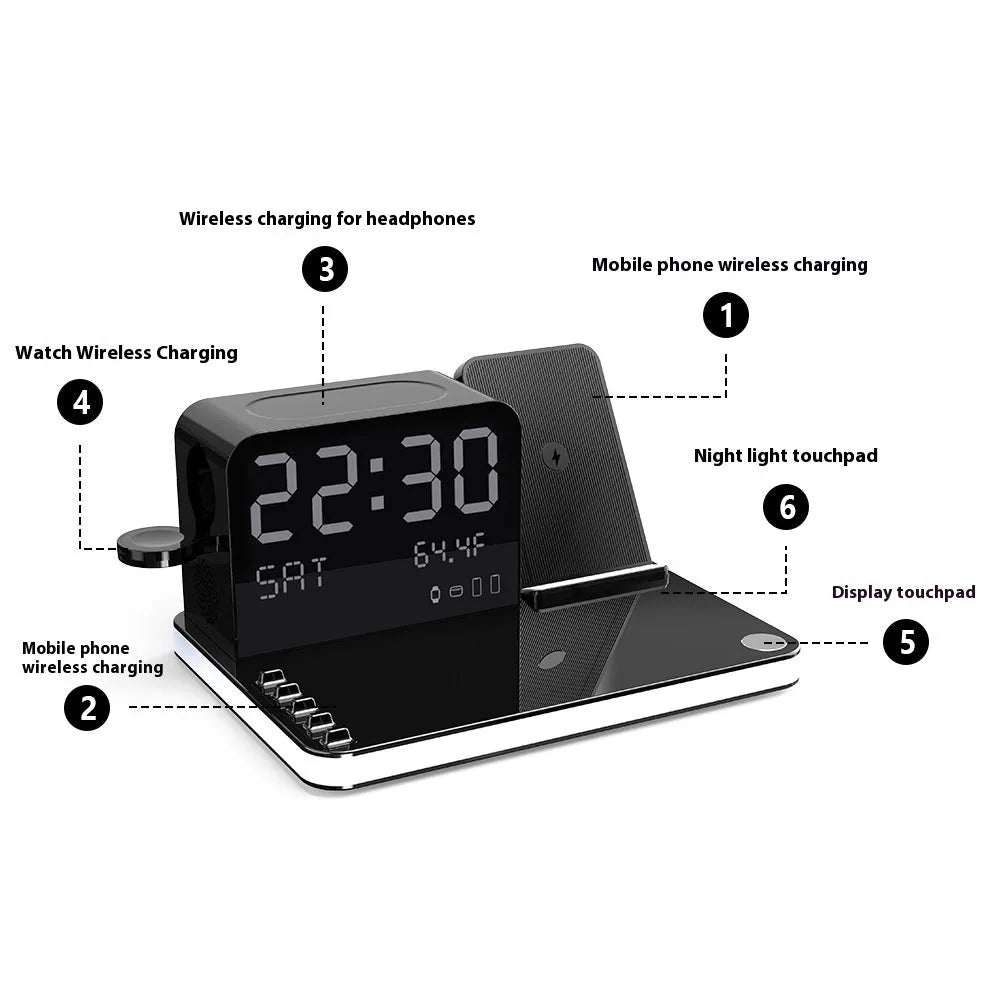 Black 7-in-1 wireless charging station with touch night light, week temperature display, 30W max output, PD fast charge
