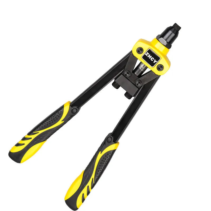 Yellow 13-inch manual rivet gun for household use with built-in tips.