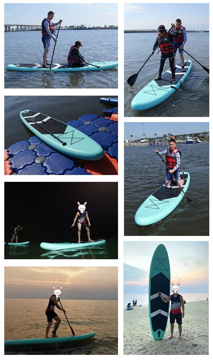 Inflatable stand up paddleboard 320x76cm green PVC with fin and foot rope on water