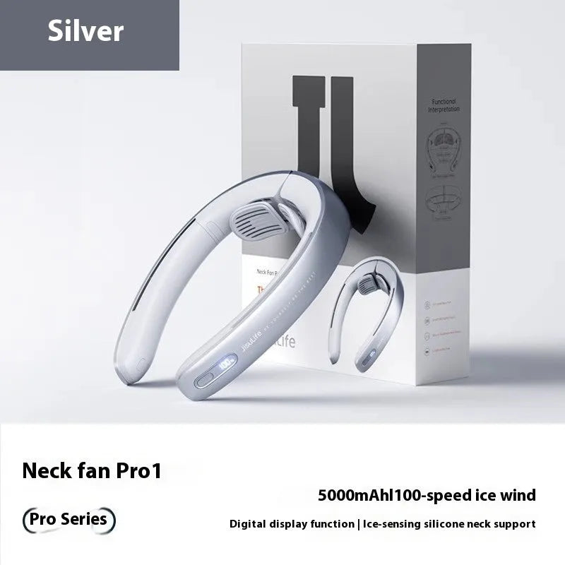 Silver grey hanging neck portable fan with bladeless design and USB charging port