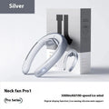 Silver grey hanging neck portable fan with bladeless design and USB charging port