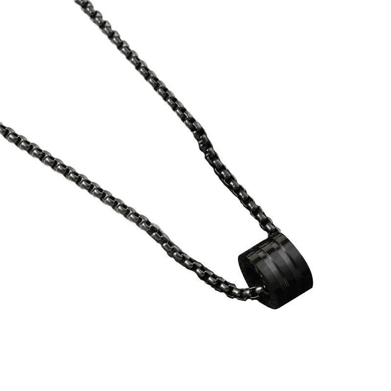 Men's black stainless steel necklace set with geometric titanium steel pendant and ring buckle.
