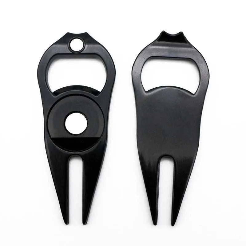 Zinc alloy metal golf ball fork and bottle opener tool in black, green, and silver colour options.
