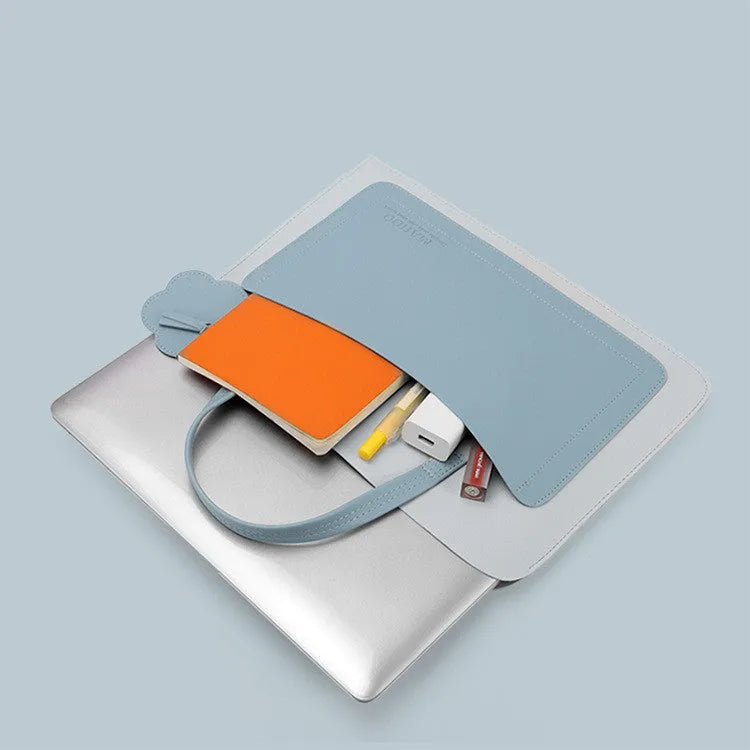 Portable thin flower drawstring computer bag in light blue, waterproof PVC laptop sleeve with soft handle