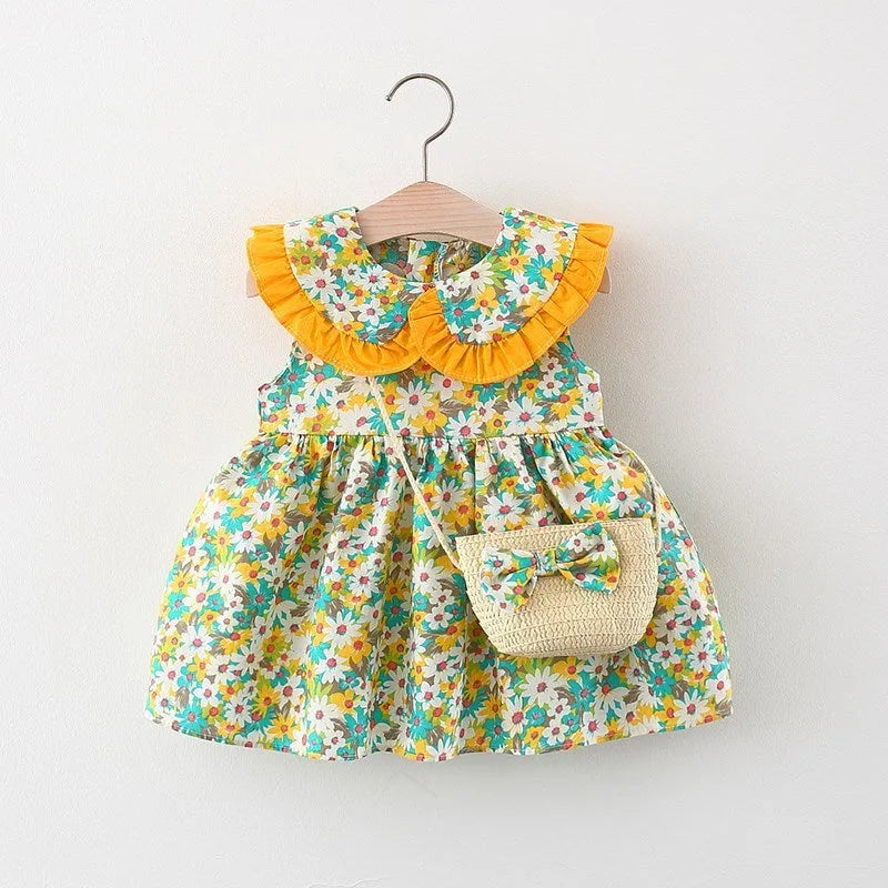 Baby girl summer cotton dress with flower print and lace, in green, pink, yellow; includes messenger bag