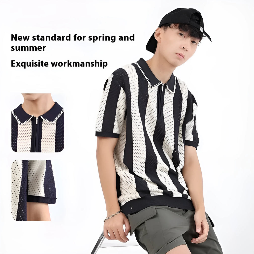 Men's black and white striped short sleeve viscose sweater with zip details on the front.