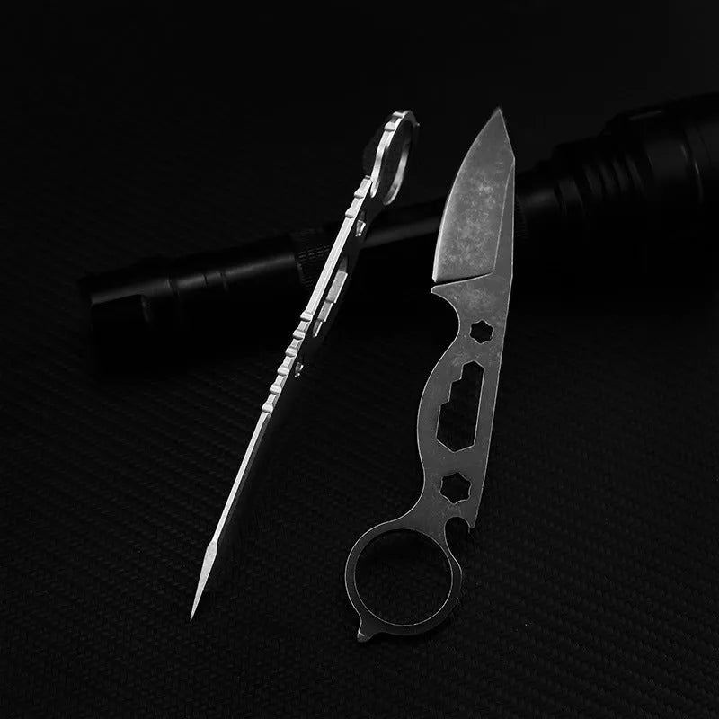 Wilderness Survival Small Straight Knife Hunting Knife Pocket Knife 440C Steel 177mm Total Length 65mm Blade 3.5mm Thick 57HRC Stone Wash Finish with K Sheath Bottle Opener Hex Wrench Broken Window Cone Black White