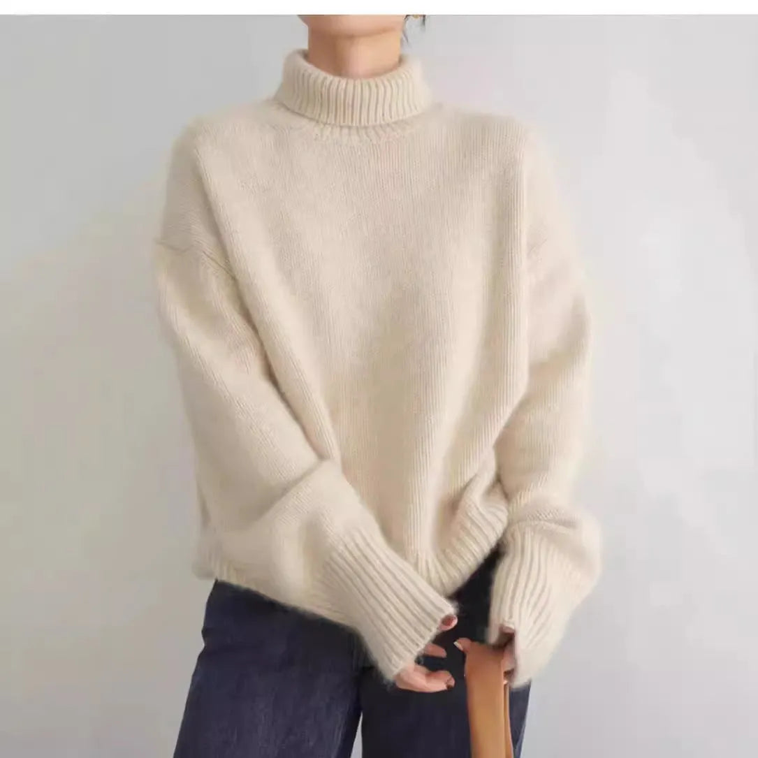 Women's high-neck loose knit pullover sweater in solid colour with long sleeves and one-size fit