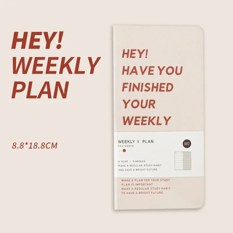 A5 weekly planner diary in blue, brown, green, and purple colours showing 100-page interior