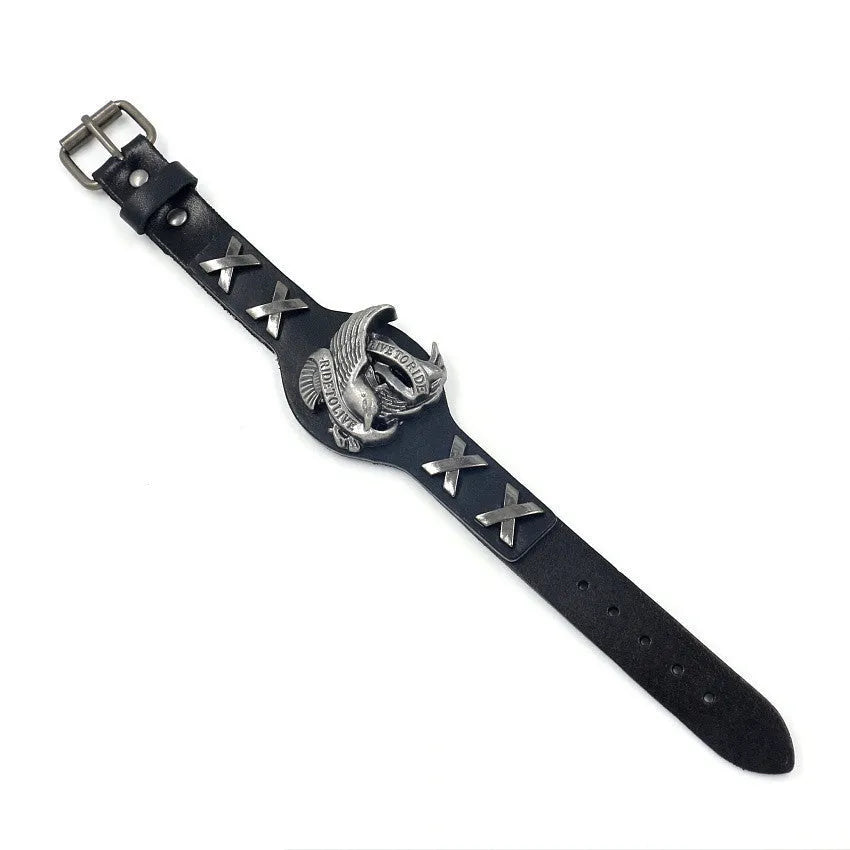 Black leather geometric bracelet with an eagle watch clasp, showing tapered width.