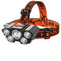 Head-mounted LED miner's lamp with 10W super bright beam, adjustable head strap, and USB charging cable