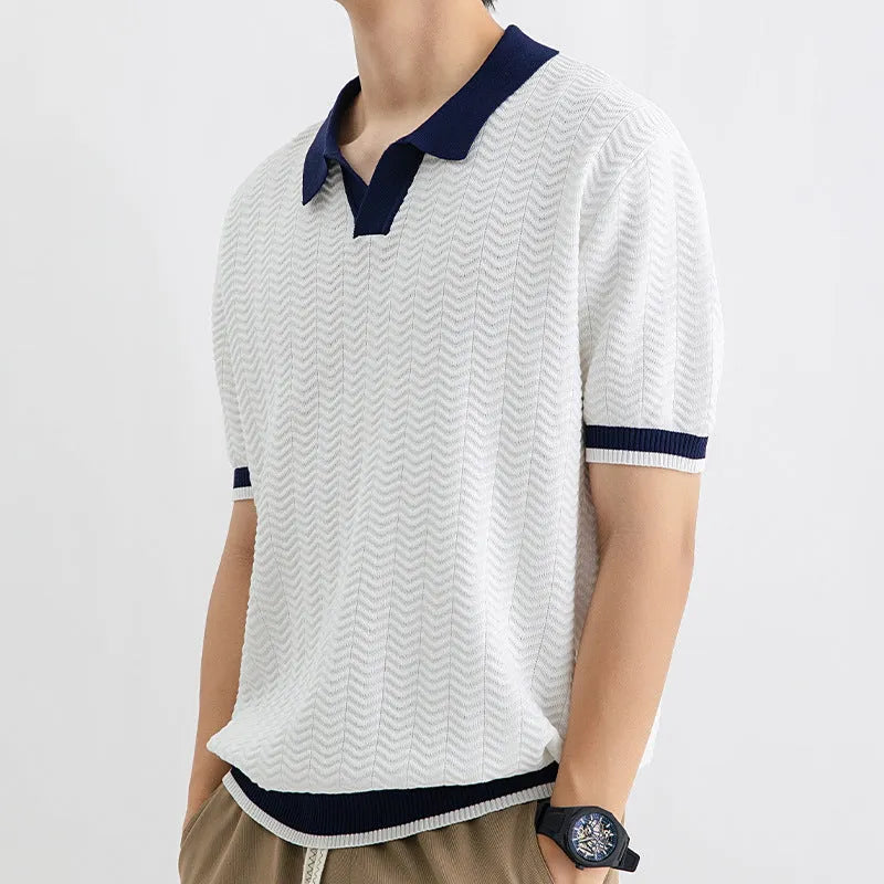 Men's ice silk polo shirt, short sleeve, striped pattern, slit detail, dark green colour, summer casual top