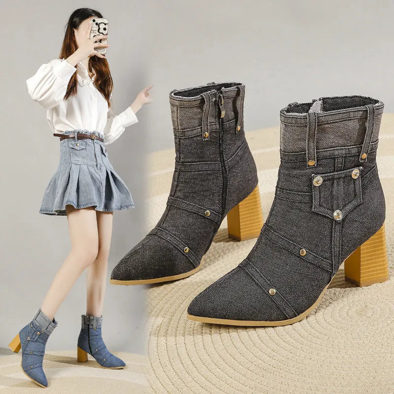 Women's denim pointed toe chunky heel Martin boots in black with artificial PU upper and rubber sole
