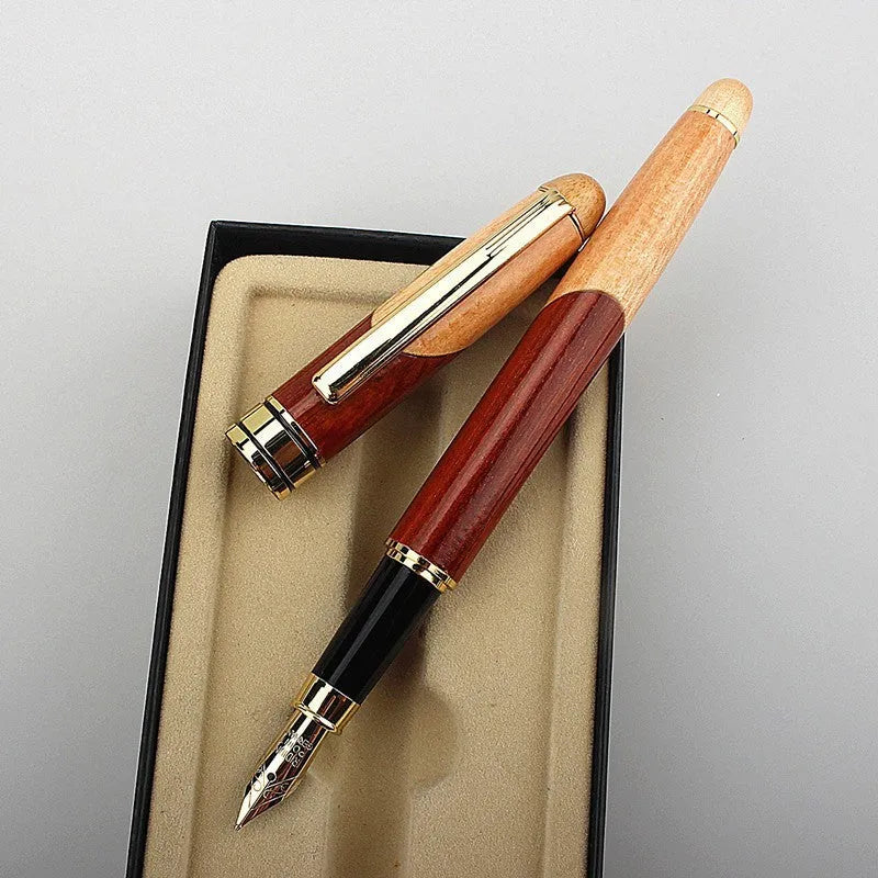 Wooden barrel pen with metal components and a storage bag