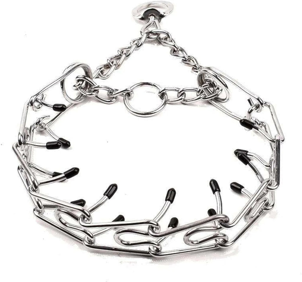 Stainless steel dog prong collar with adjustable chain links and black rubber comfort tips, laid flat to show sizing.