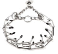 Stainless steel dog prong collar with adjustable chain links and black rubber comfort tips, laid flat to show sizing.