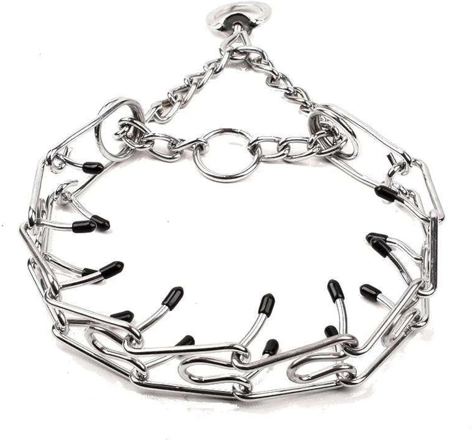 Stainless steel dog prong collar with adjustable chain links and black rubber comfort tips, laid flat to show sizing.