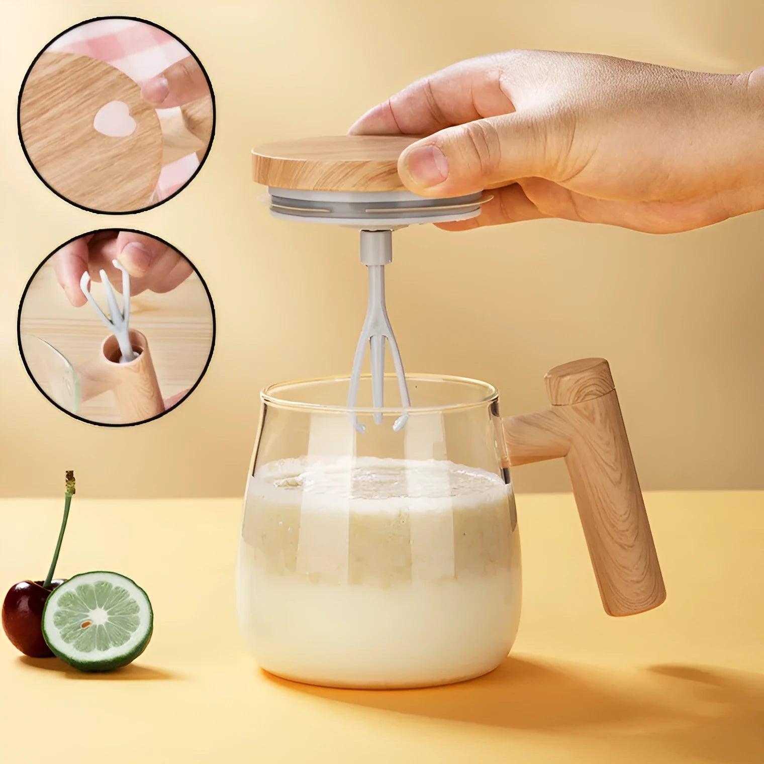 400ml clear borosilicate glass self-stirring electric coffee mug with button.