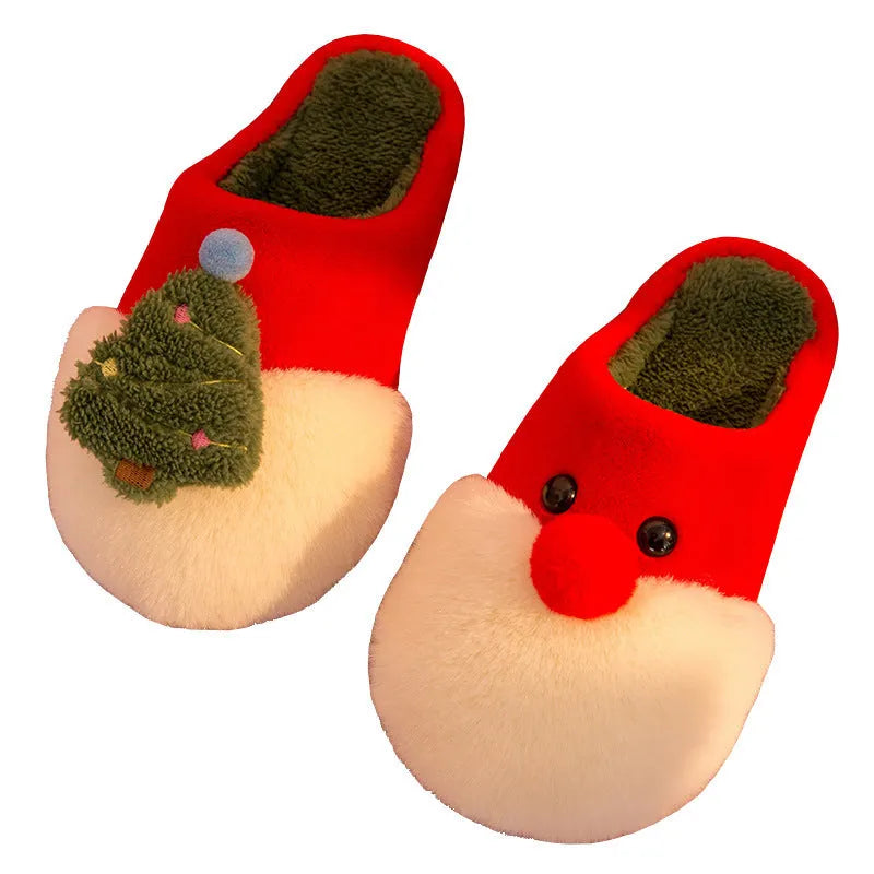 Winter plush Christmas slippers for women with Santa Claus and Christmas tree design, PVC anti-slip sole and artificial wool insole