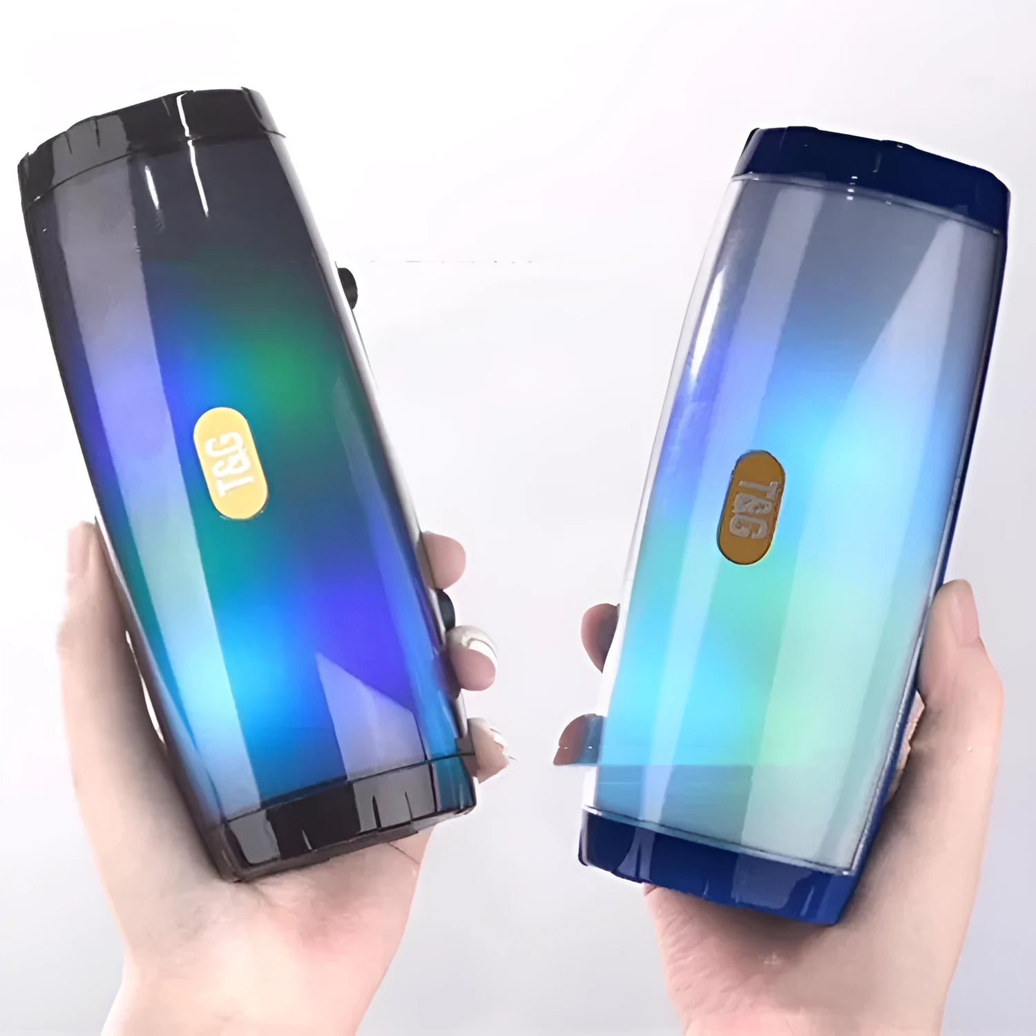 Portable Bluetooth speaker with coloured LED light in a black PU leather case.