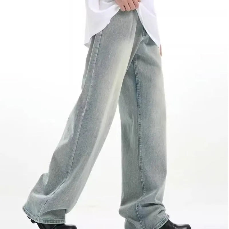 Casual blue retro-style loose trousers made from rabbit fur denim with an elastic fit.