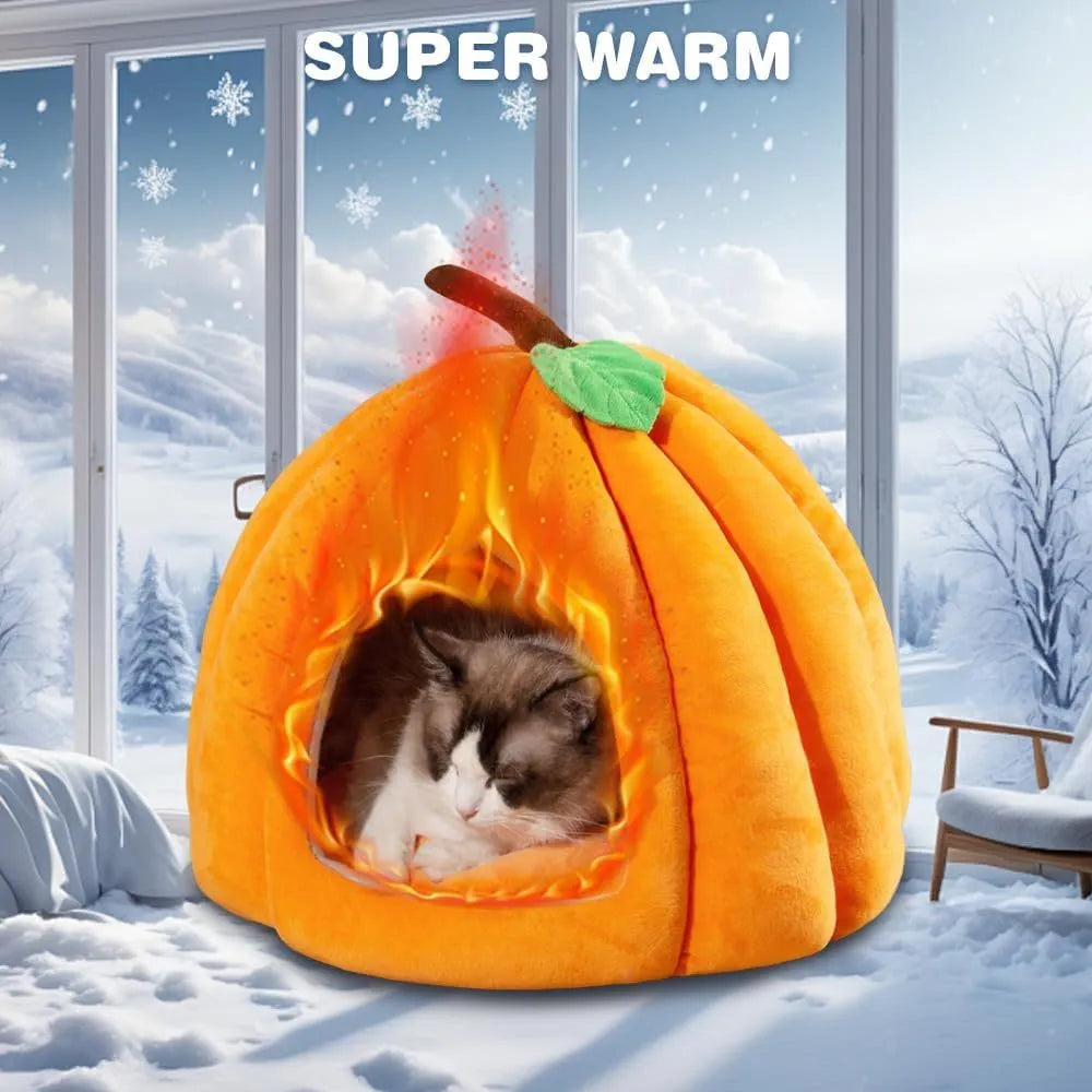 Pumpkin-shaped cat bed cave house with plush interior and anti-slip rubber base