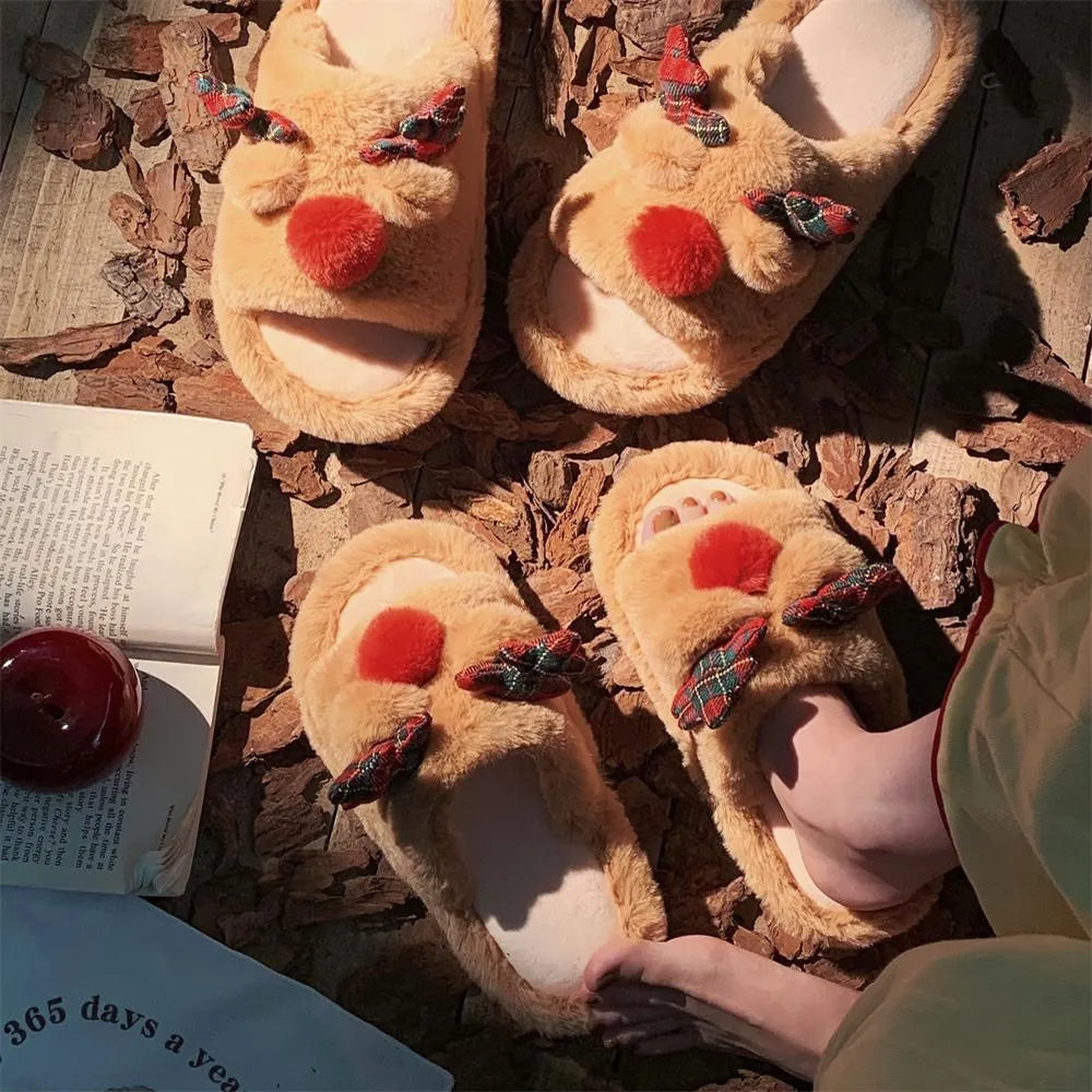 Brown women's fluffy cotton slippers with a deer cartoon design, suede upper, and PVC sole.