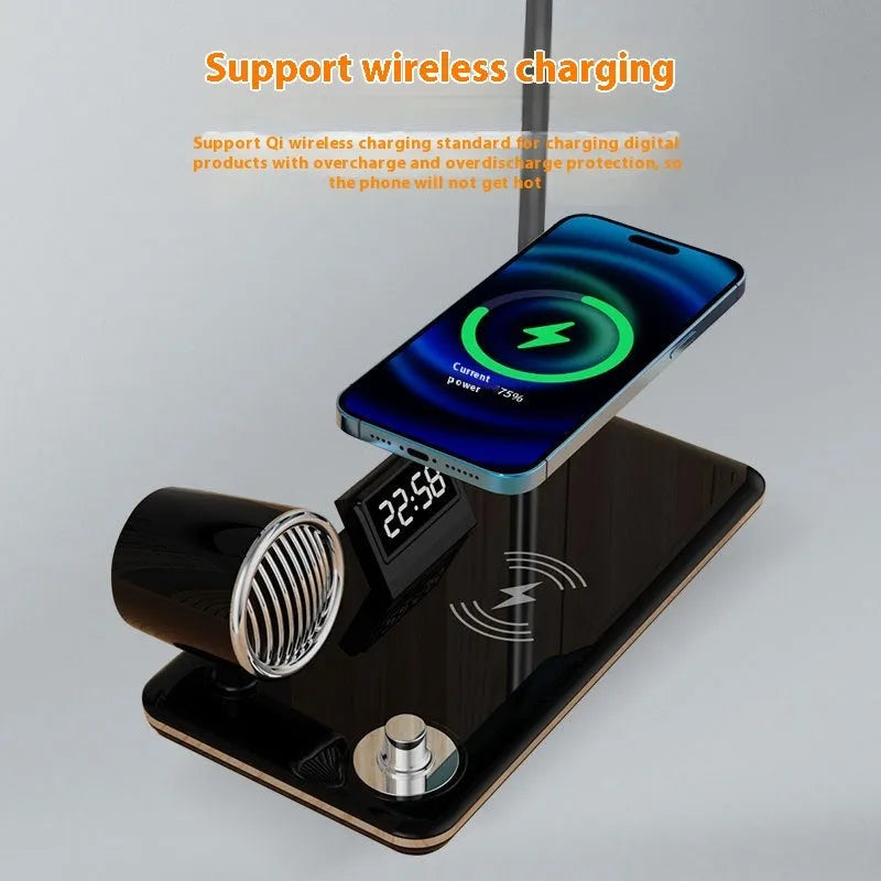 Black and white wireless charging desk lamp with digital clock display and USB power connection