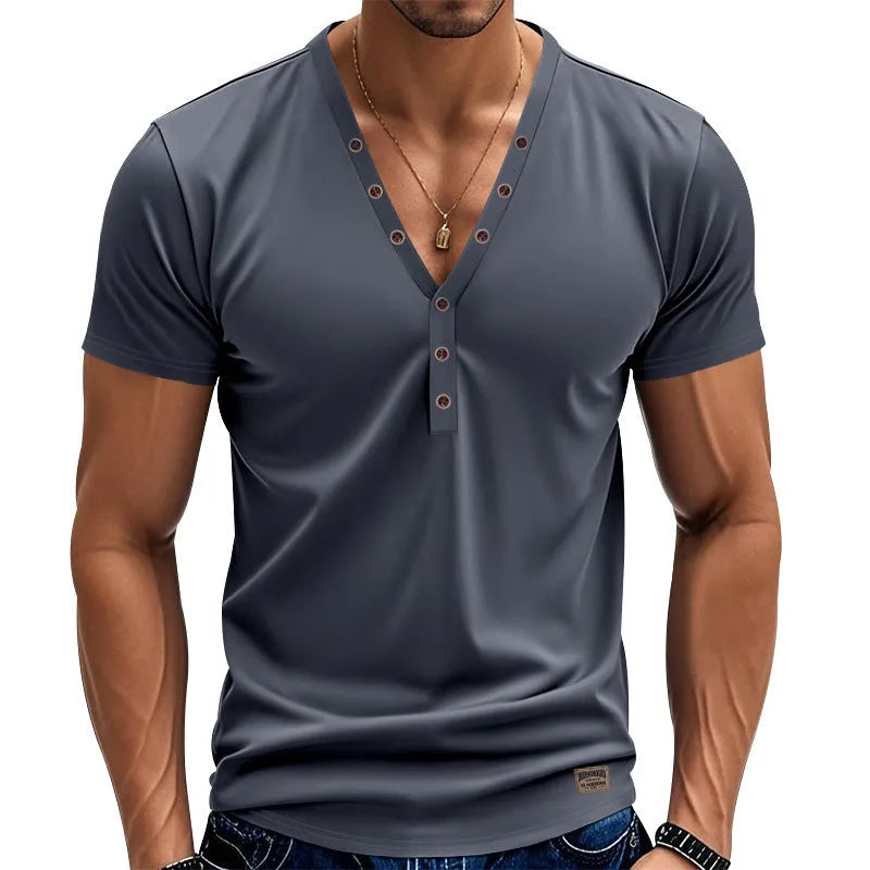 Men's loose fit solid colour V-neck pullover top with button detail on the front.