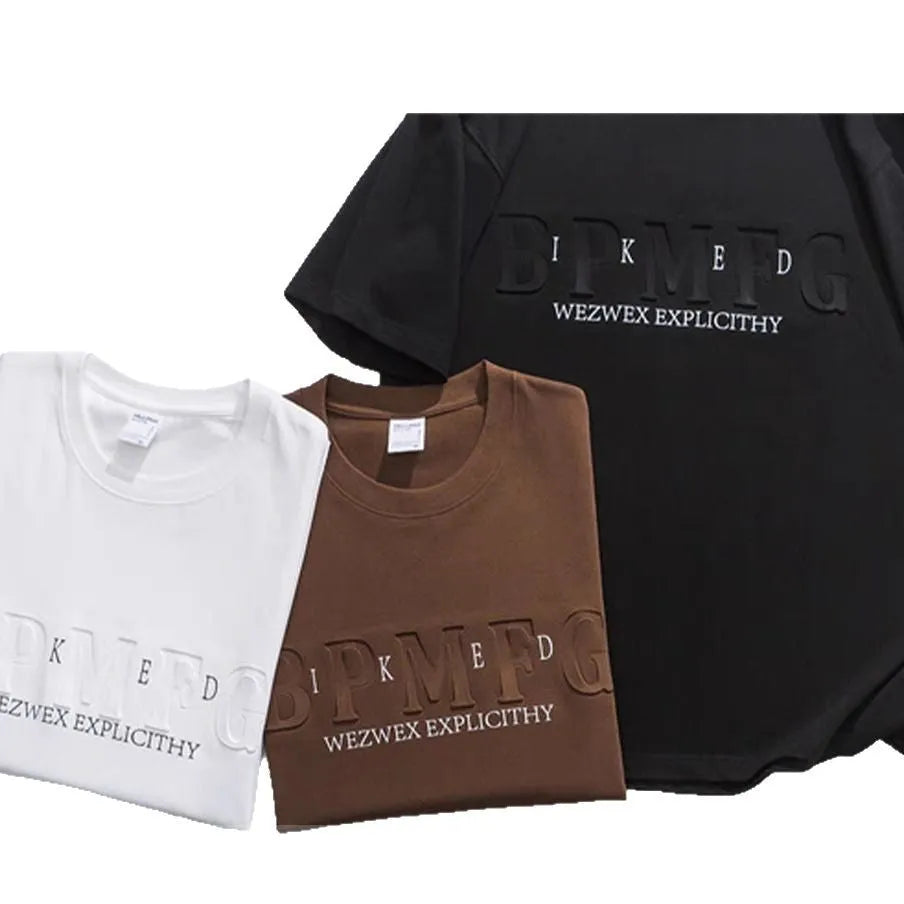 Men's short sleeve simple printed top in combed cotton available in brown, black, and white