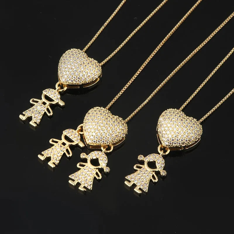 Gold colour copper heart pendant necklace with zircon inlays on white background