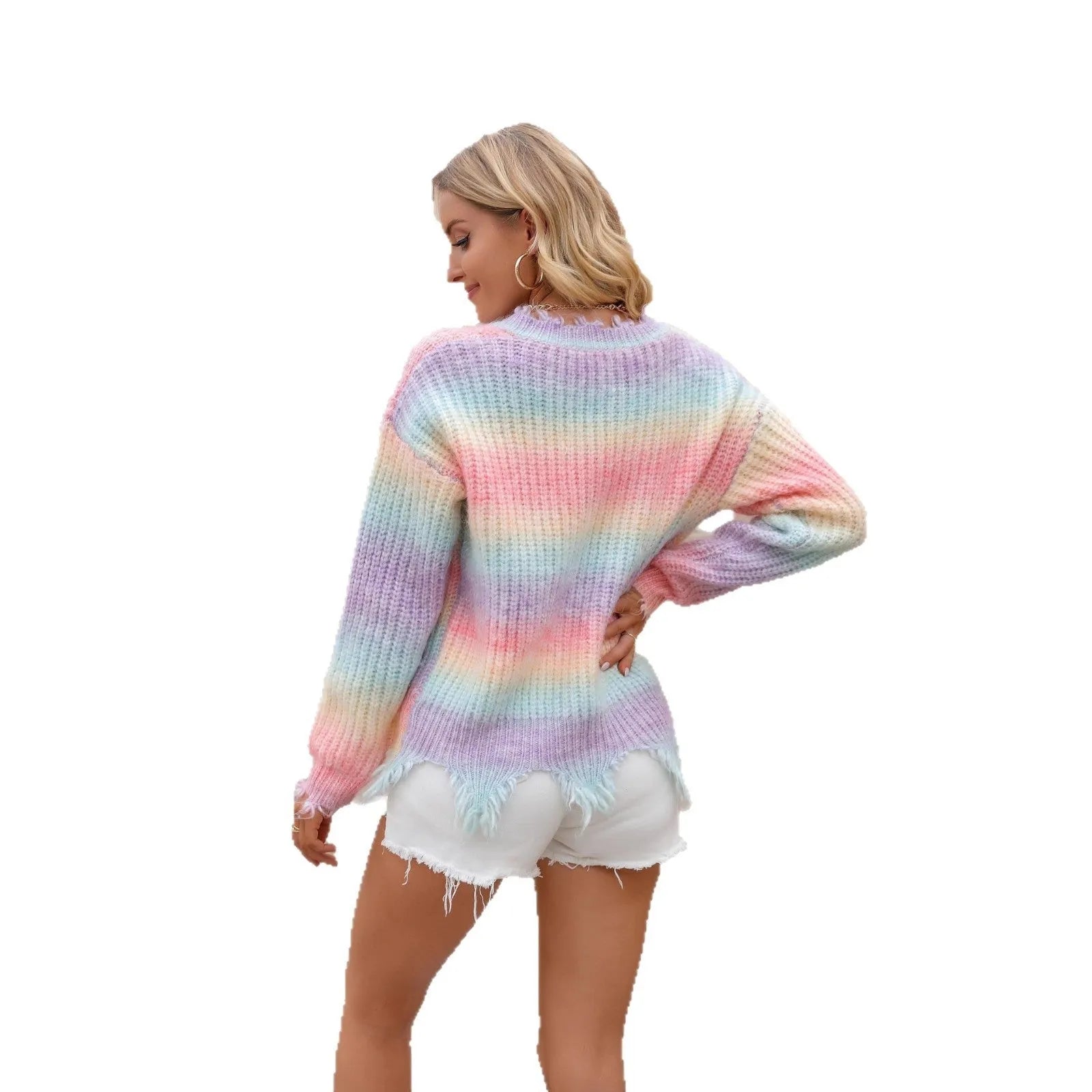 Pink rainbow gradient knitted sweater with tassel trim in loose cut plus size design