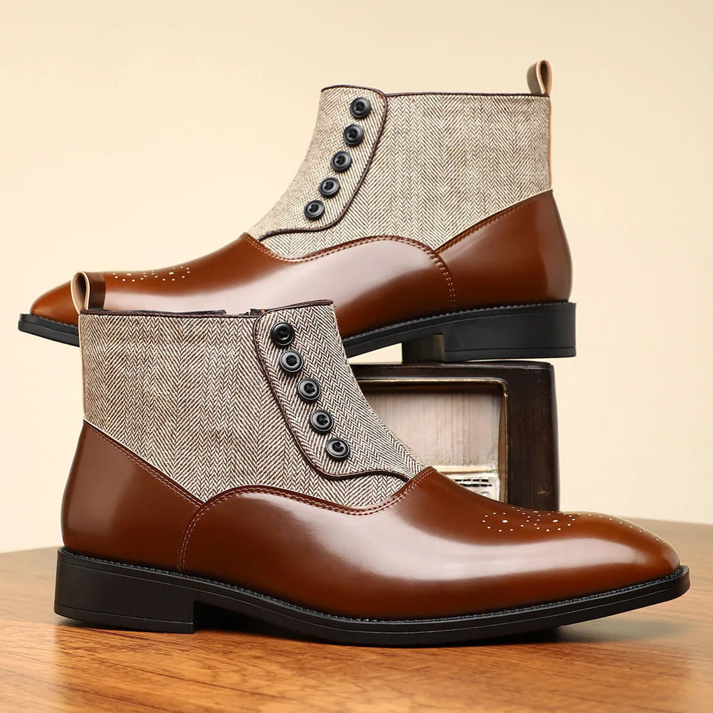 Men's brown retro formal shoes with side zip and square toe on a white background.