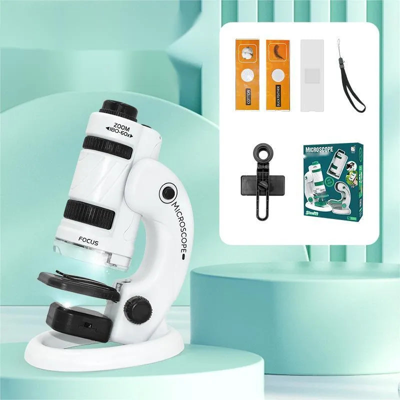 Portable microscope upgrade set with plastic construction and specimen slides for outdoor science exploration