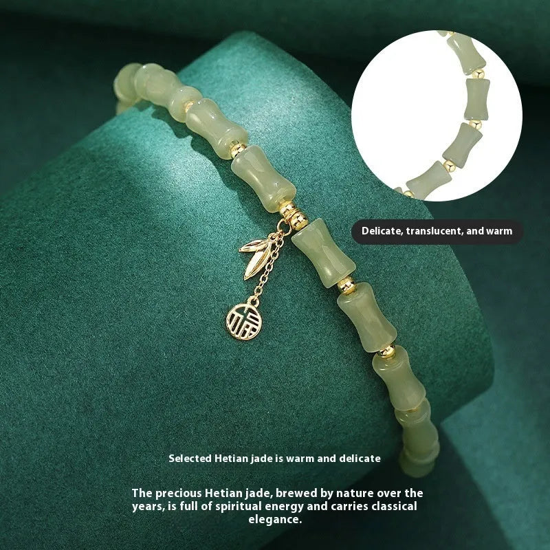 Chinese style bamboo Hetian jade bracelet and necklace set with bamboo joint design