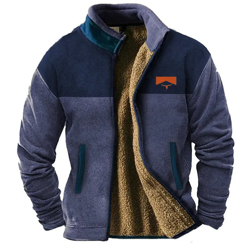 Men's light brown padded polyester coat on a hanger, showing regular 50cm length.